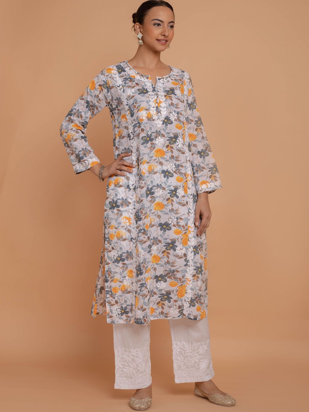HOUSE OF KARI Floral Printed Notched Neck Chikankari Pure Cotton Straight Kurta
