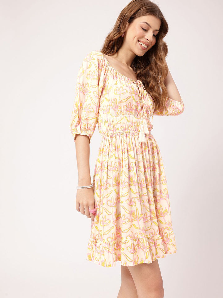 DressBerry Dreamy Holiday Floral Printed Cinched Waist Off-Shoulder A-Line Mini Dress