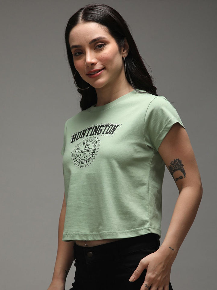 DILLINGER Women Regular Cropped Crew Neck Varsity Printed Tshirt