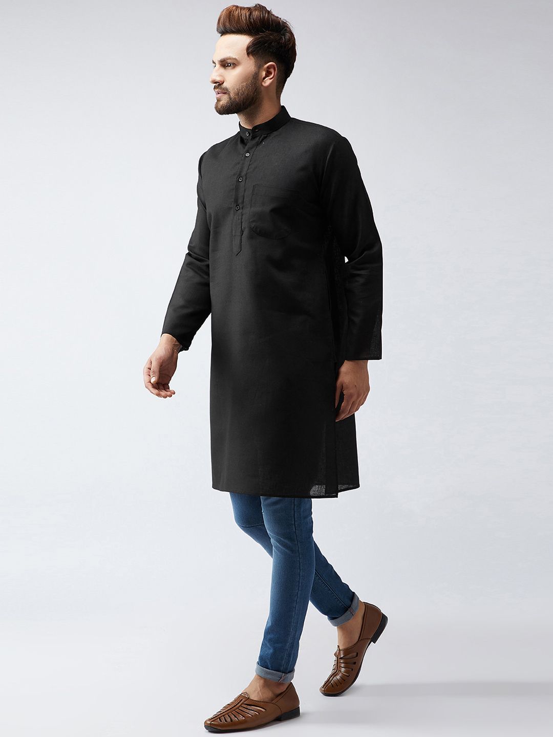 SOJANYA Men Black Solid Straight Kurta