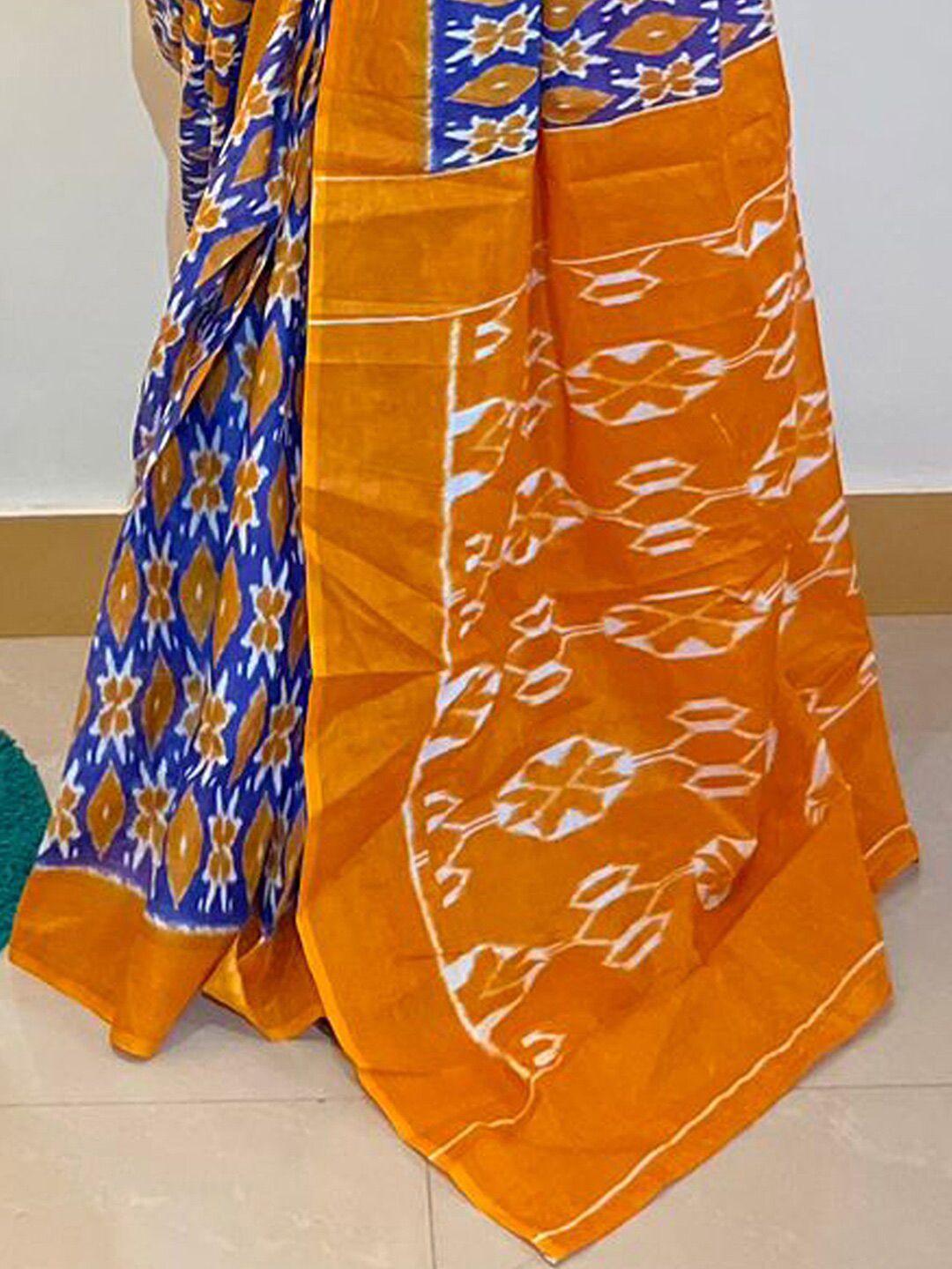 Saree mall Blue & Yellow Ethnic Motifs Printed Pure Cotton Ikat Sarees