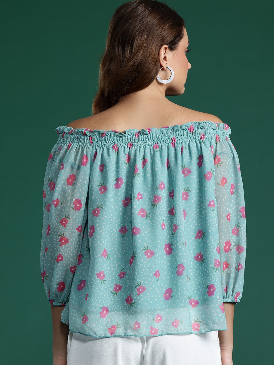 DressBerry Floral Print Off-Shoulder Puff Sleeve Bardot Top