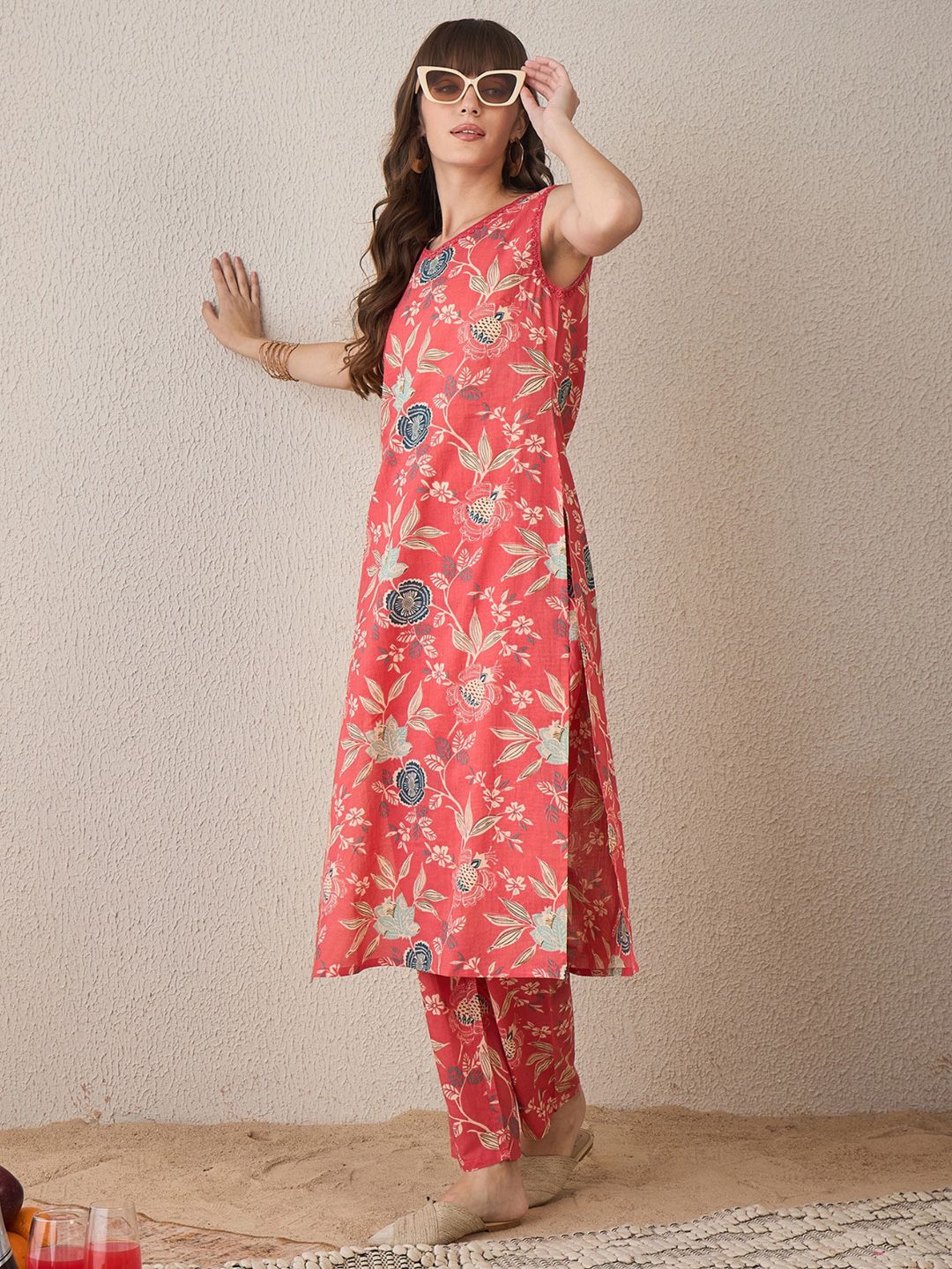 Indo Era Floral Printed V-Neck Pure Cotton Straight Kurta With Trousers