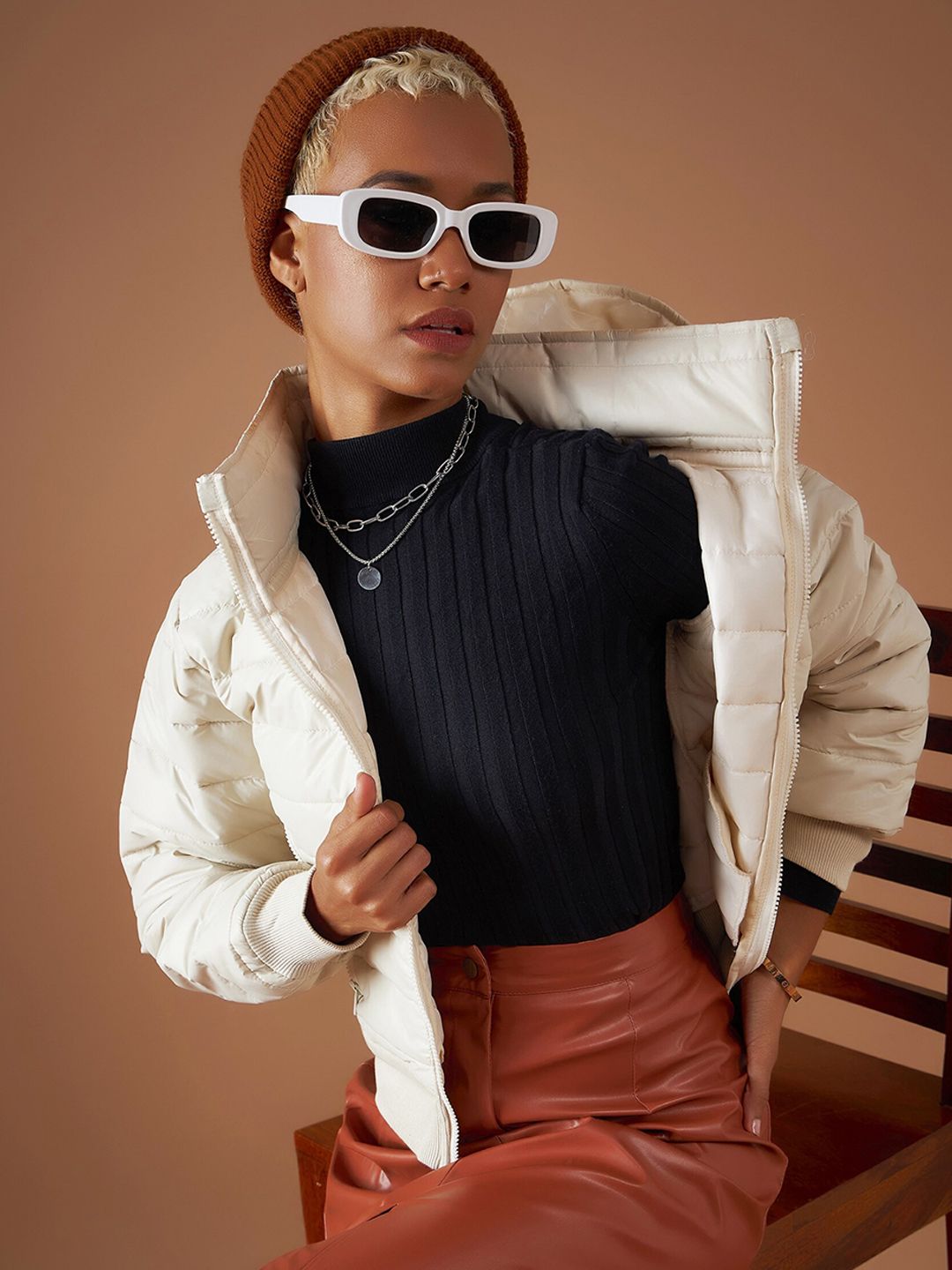 SASSAFRAS Beige Hooded Cropped Bomber Jacket