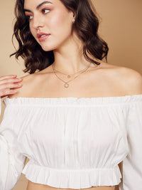 Berrylush White Off Shoulder Bell Sleeves Gathered Detail Crop Bardot Top