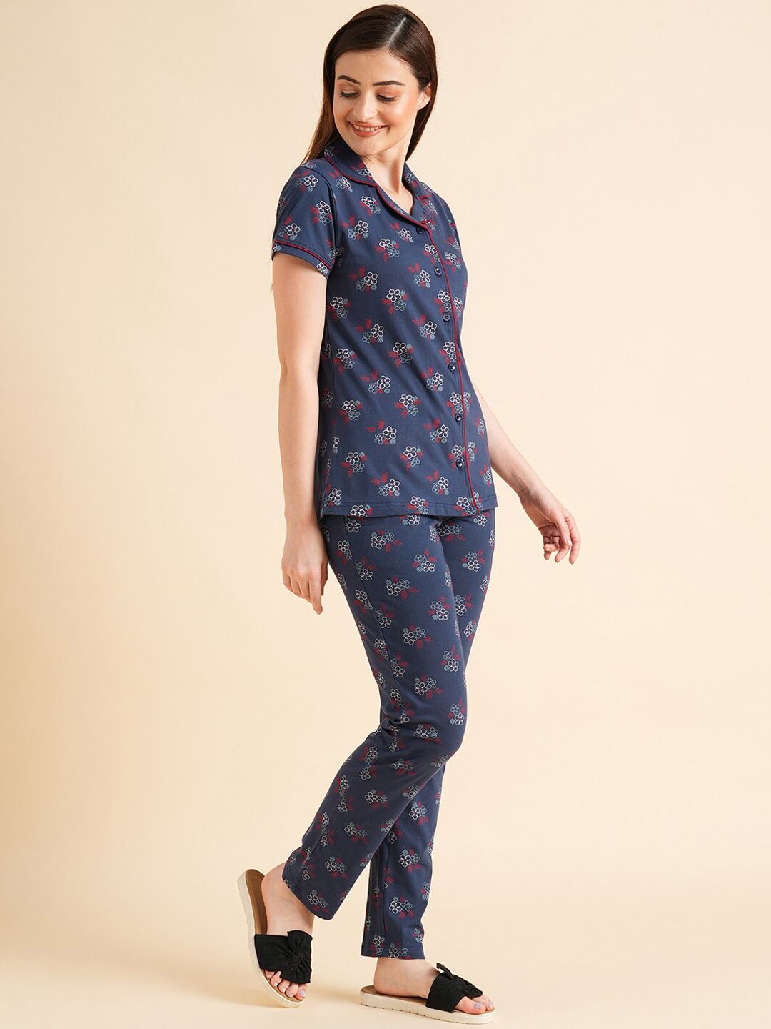 Sweet Dreams Navy Blue & Maroon Floral Printed Pure Cotton Night Suits