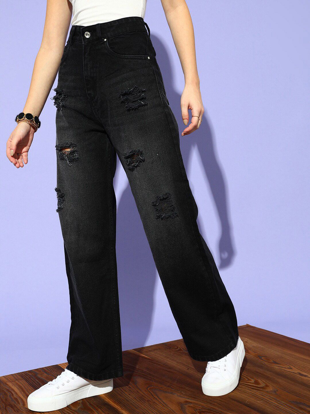 STREET 9 Women Black Flared High-Rise Slash Knee Jeans