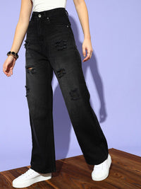 STREET 9 Women Black Flared High-Rise Slash Knee Jeans