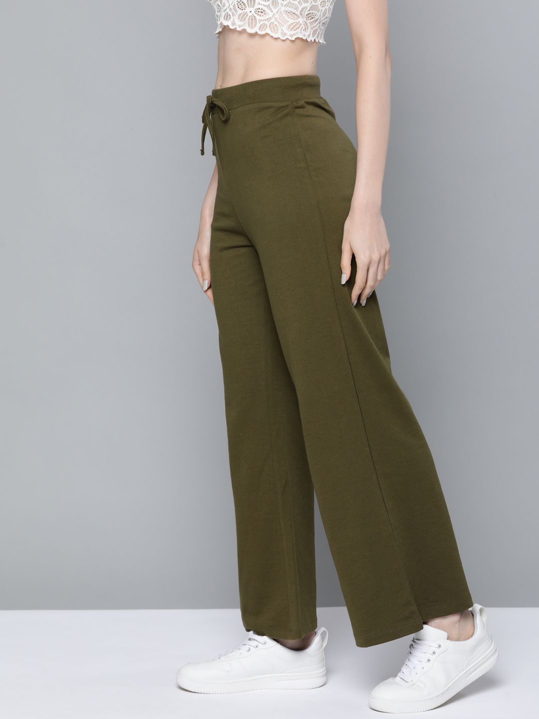 SASSAFRAS Women Olive Green High-Rise Wide Leg Track Pants