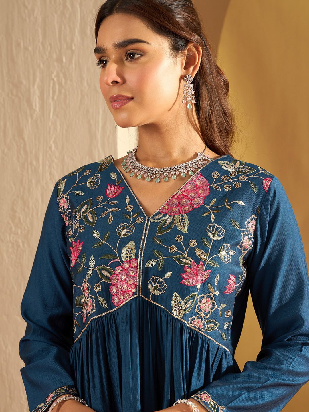 Indo Era Floral Yoke Design Empire A-Line Sequinned Liva Kurta with Trousers