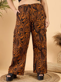 CURVY STREET Women Plus Size Abstract Printed Loose Fit Pure Cotton Wide Leg Trouser