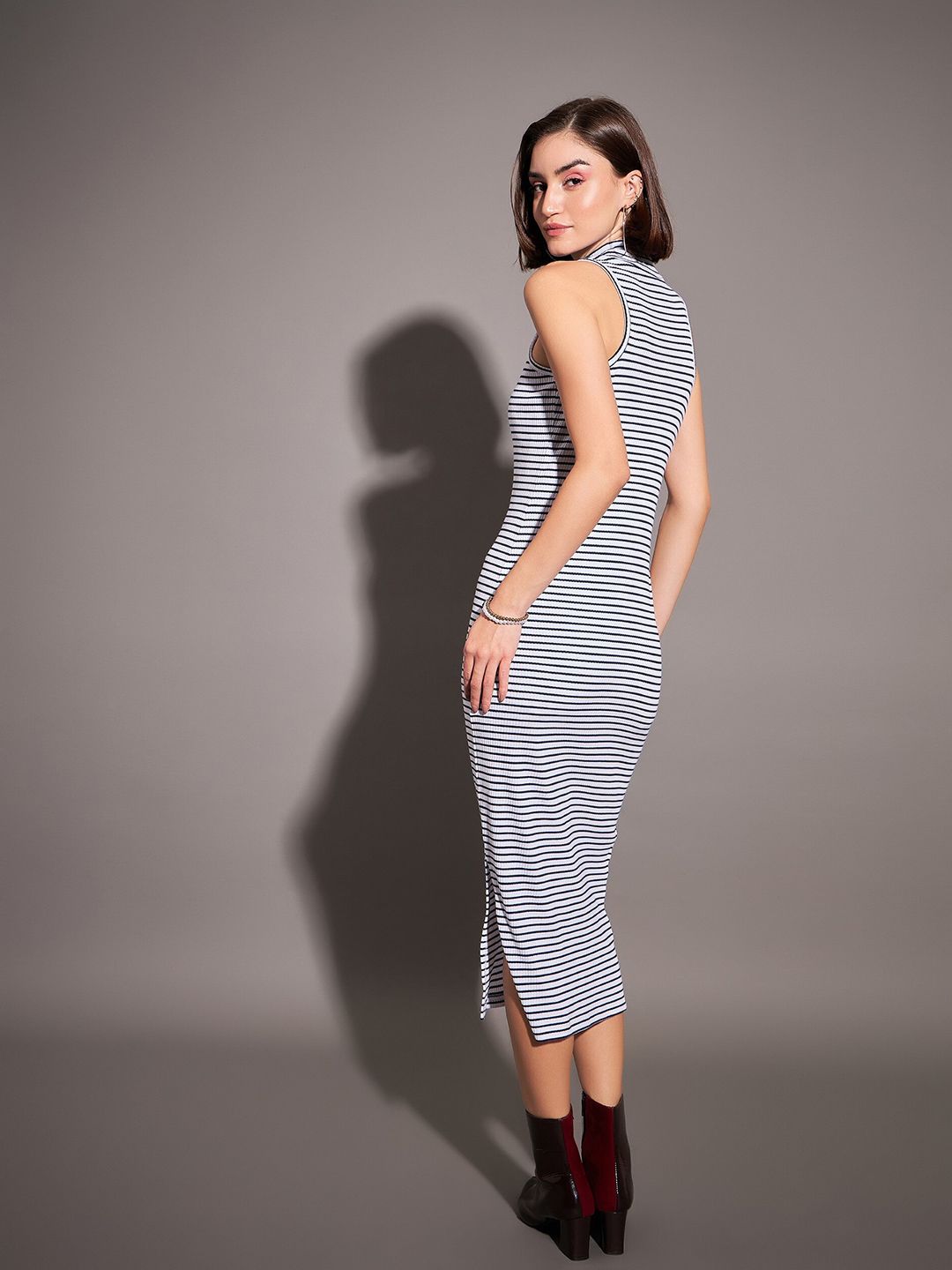SASSAFRAS High Neck Striped Bodycon Midi Dress