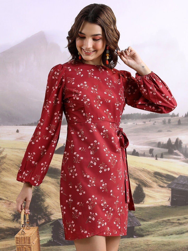 Tokyo Talkies Maroon & White Floral Printed Puff Sleeve Sheath Dress