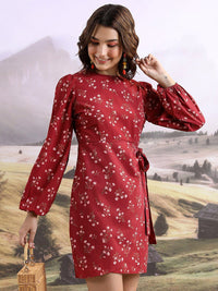 Tokyo Talkies Maroon & White Floral Printed Puff Sleeve Sheath Dress