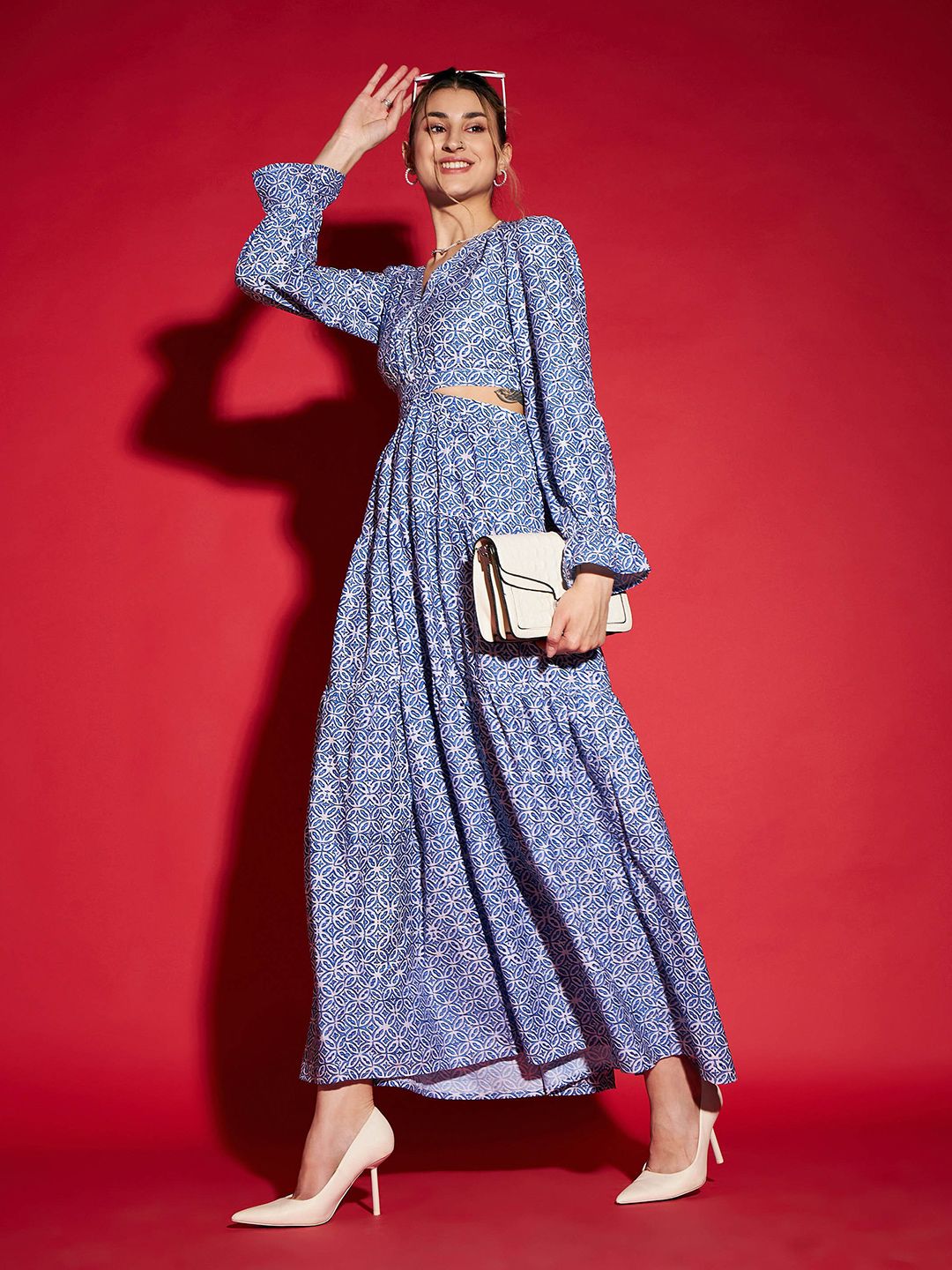 SASSAFRAS Blue Floral Printed Cut-Out Crepe Maxi Dress