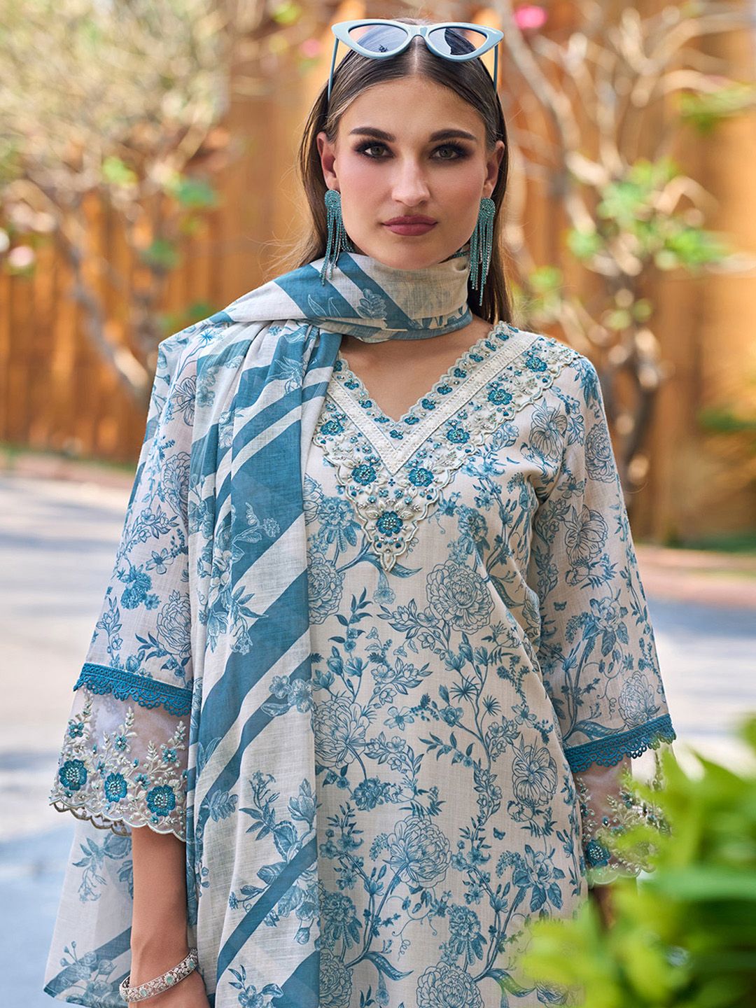 Indo Era Floral Printed Regular Thread Work Pure Cotton Kurta with Trousers &  Dupatta