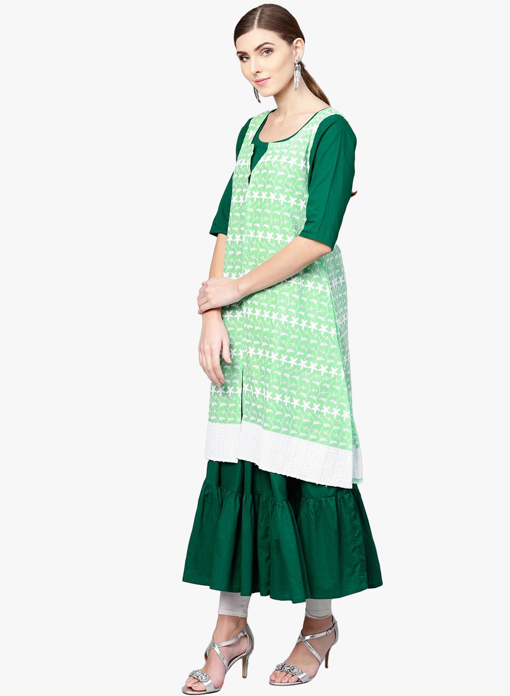 Green Woven Design Anarkali Kurta With Jacket