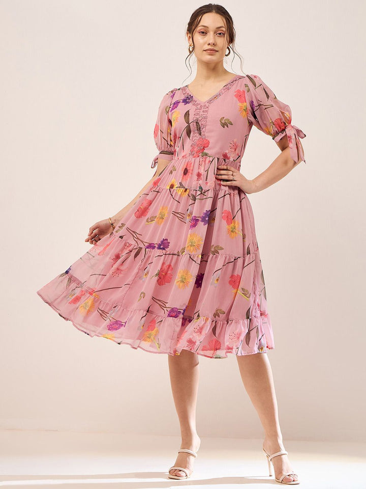 Antheaa Floral Printed V-Neck Puff Sleeves Beads Detail Chiffon Fit & Flare Dress