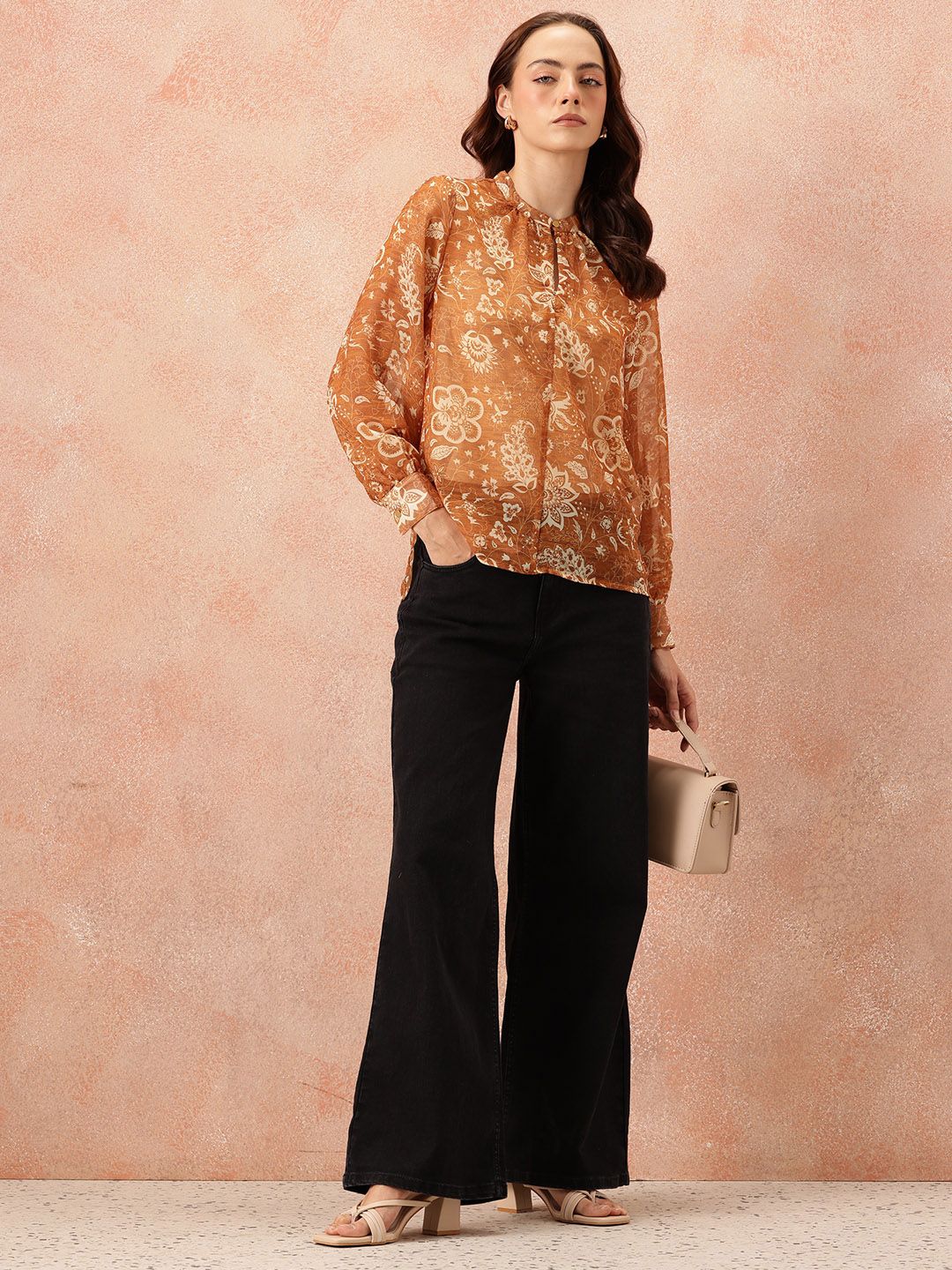 all about you Floral Print Mandarin Collar Chiffon Top