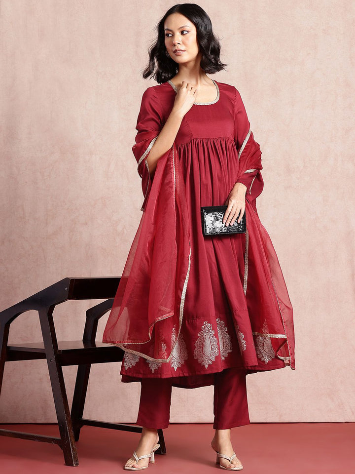 all about you Pleated Anarkali Kurta with Trousers & Dupatta