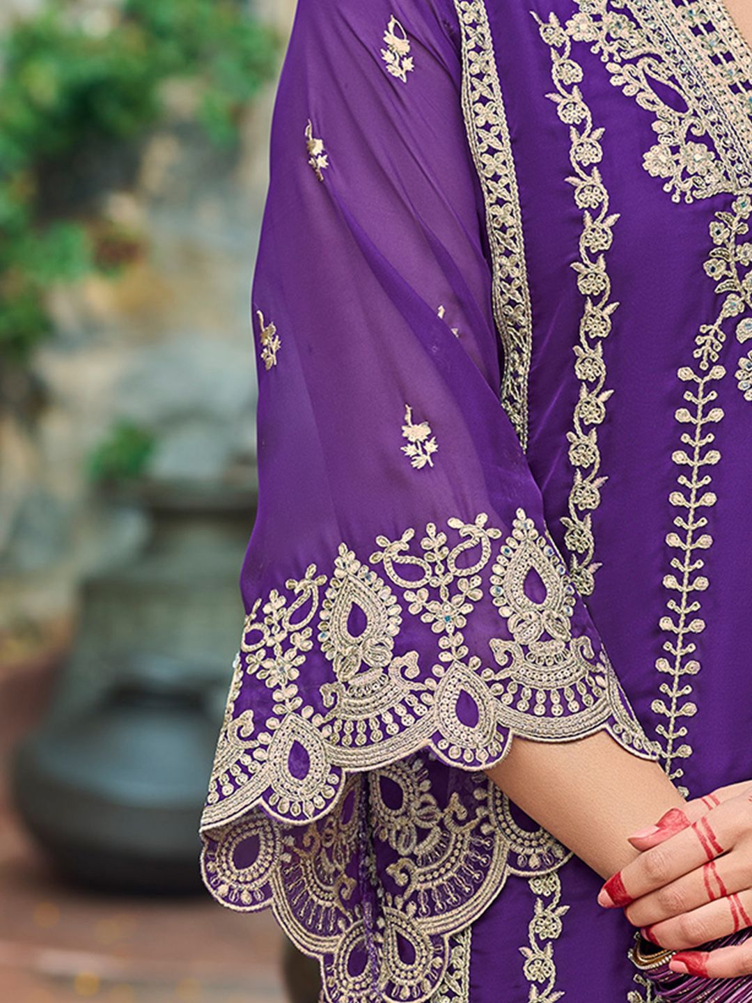 Indo Era Floral Embroidered V-Neck Zari Organza Straight Kurta With Trousers And Dupatta