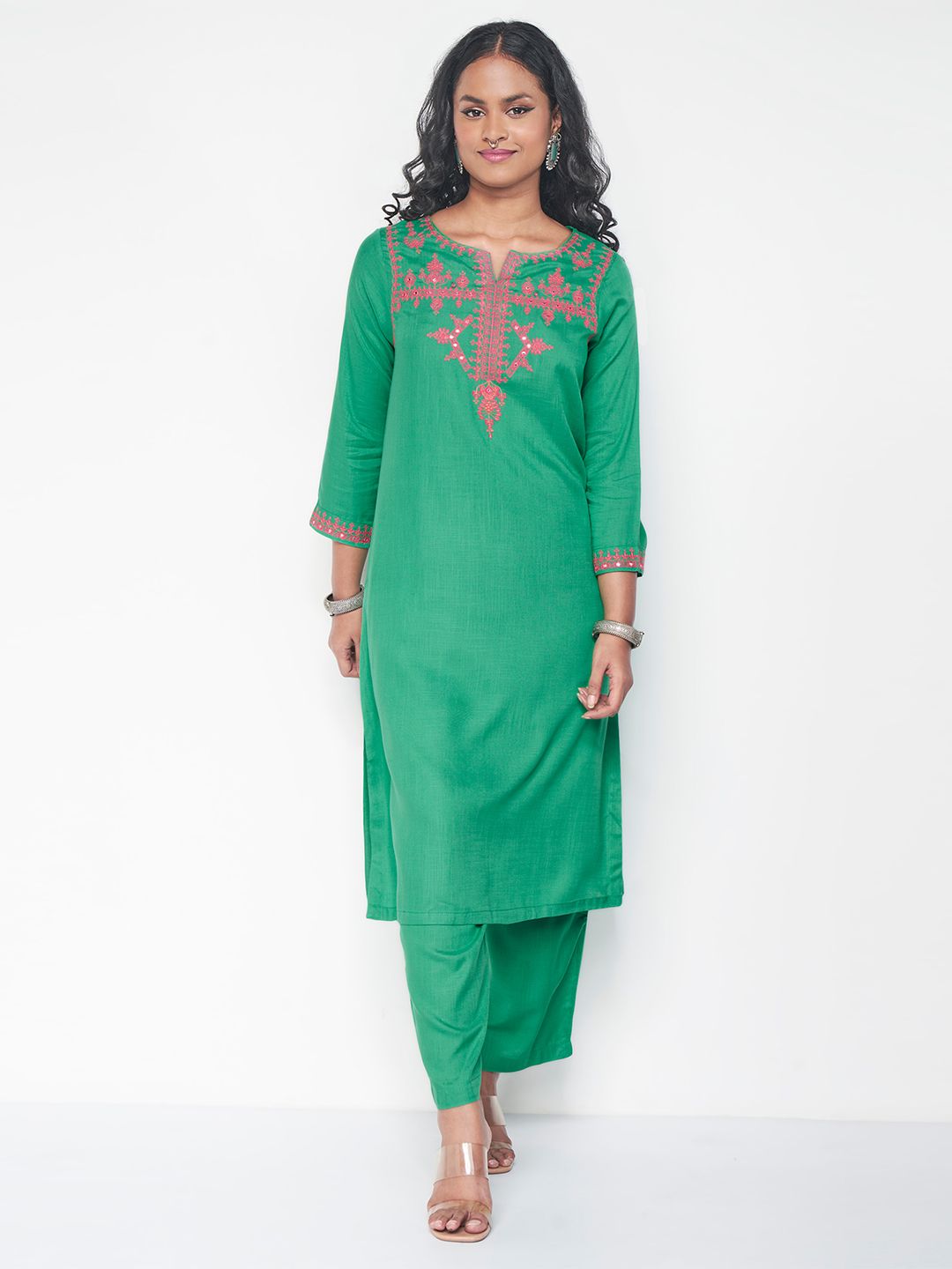 Global Desi Ethnic Motifs Embroidered Straight Kurta With Trouser