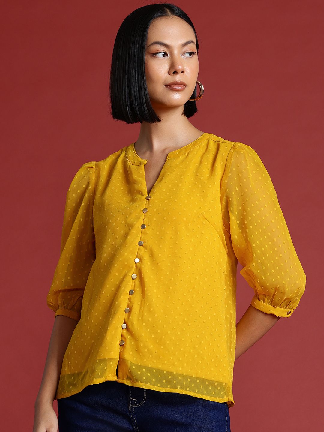 all about you Dobby Detail Puff Sleeve Top