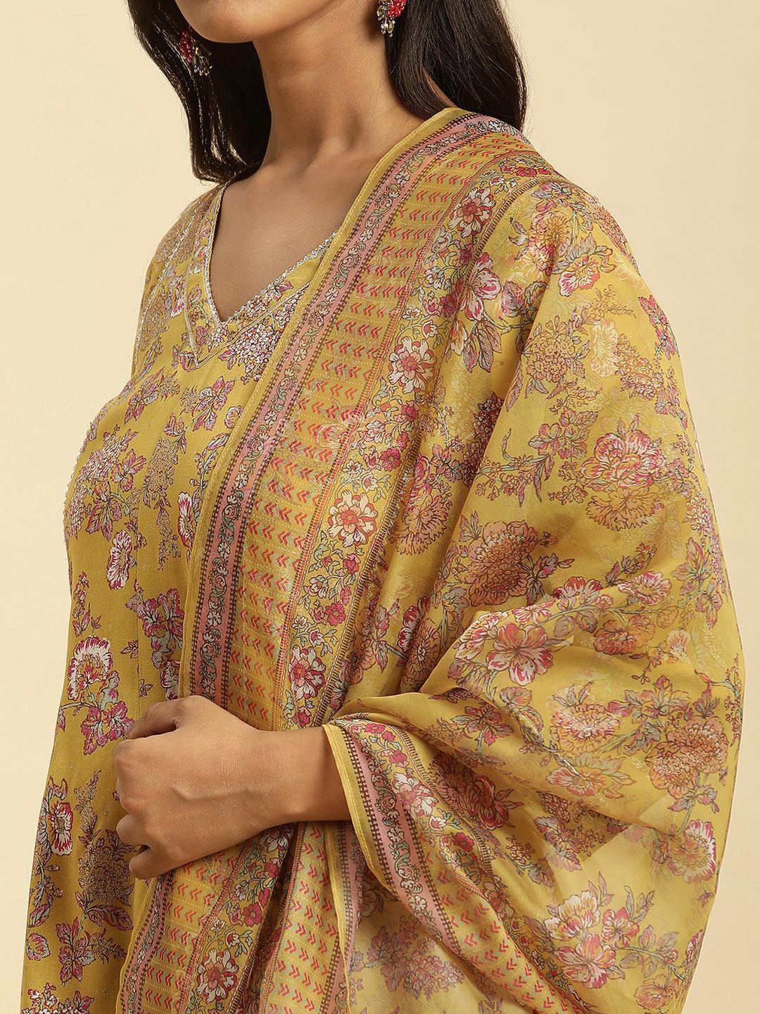 W Floral Printed V-Neck Panelled Gotta Patti A-Line Kurta With Sharara & Dupatta