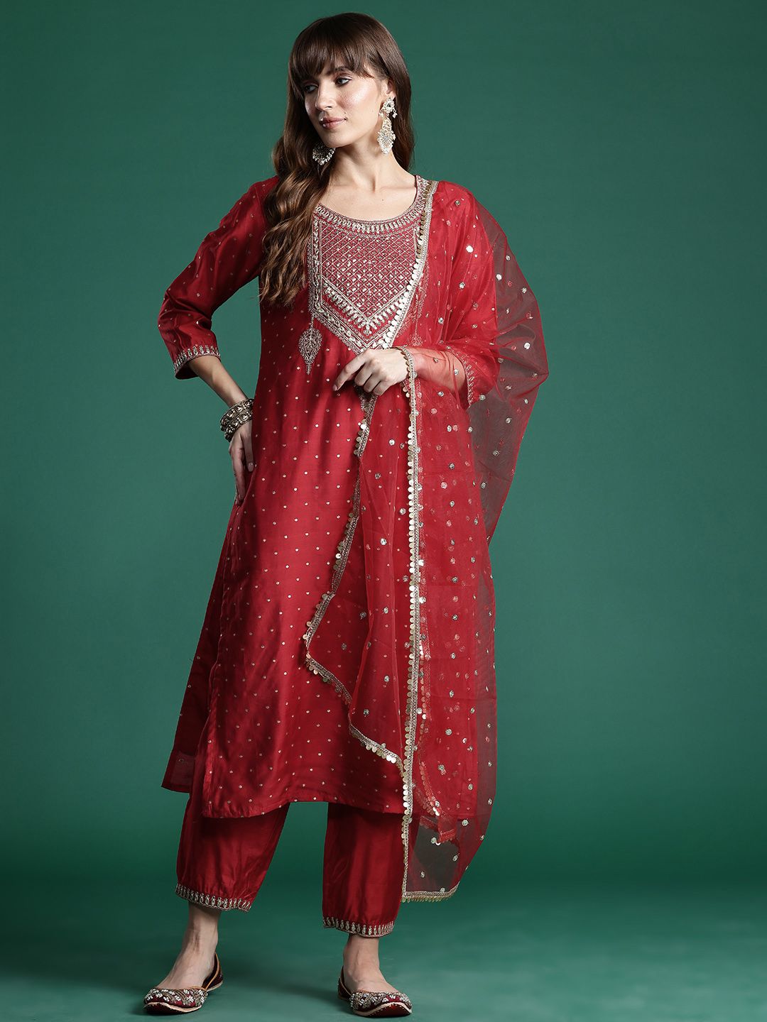 Indo Era Embroidered Sequinned Kurta With Trousers & Dupatta