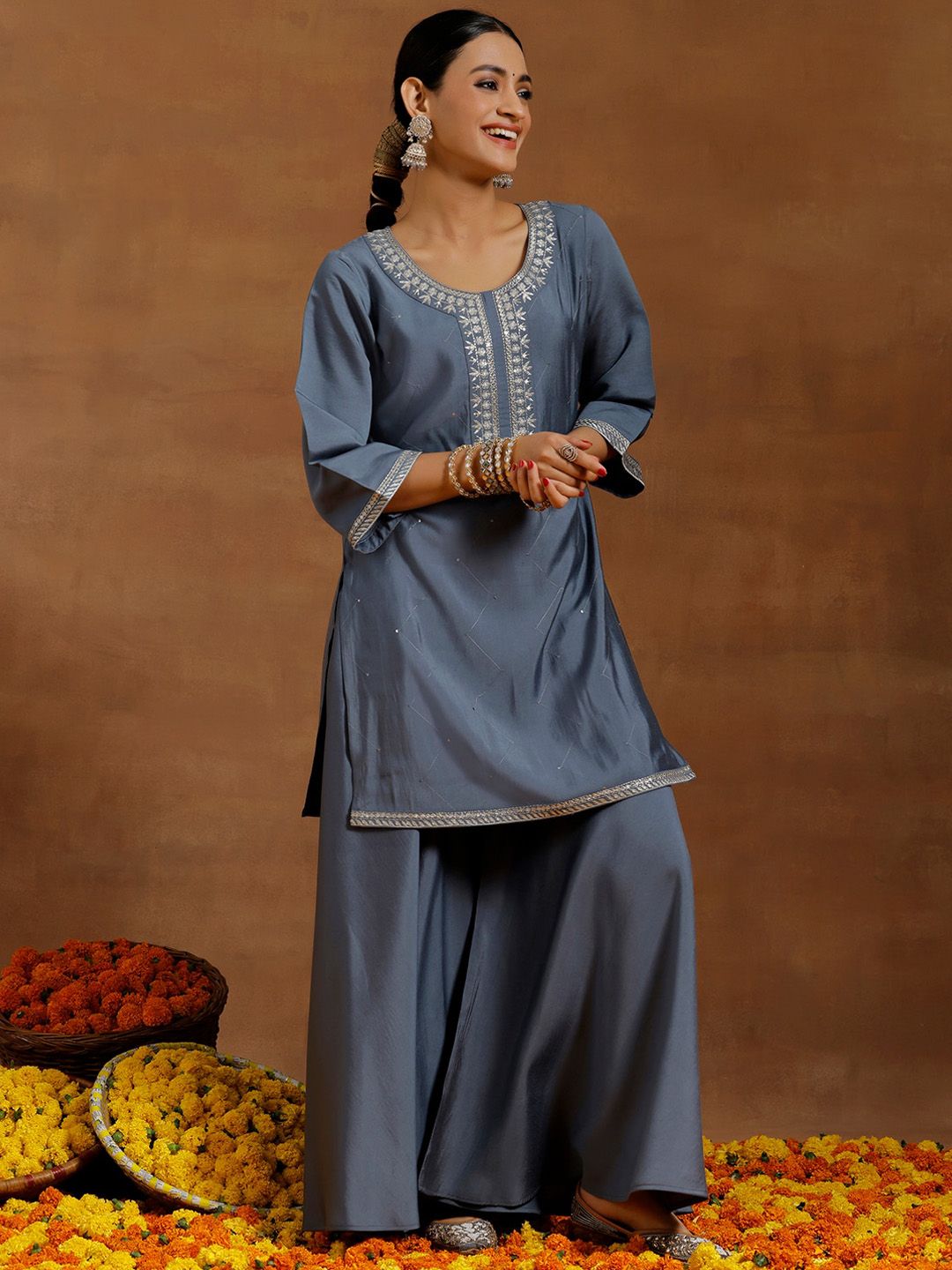 Libas Floral Yoke Design Sequinned Straight Kurta With Palazzos &  Dupatta