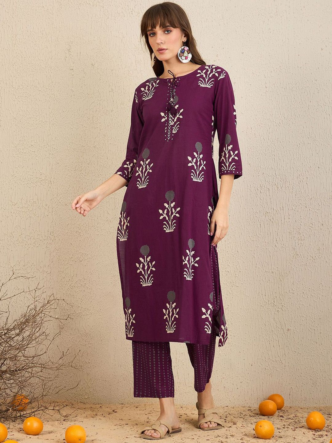 Indo Era Floral Printed Tie-Up Neck Pure Cotton Straight Kurta With Trousers & Dupatta