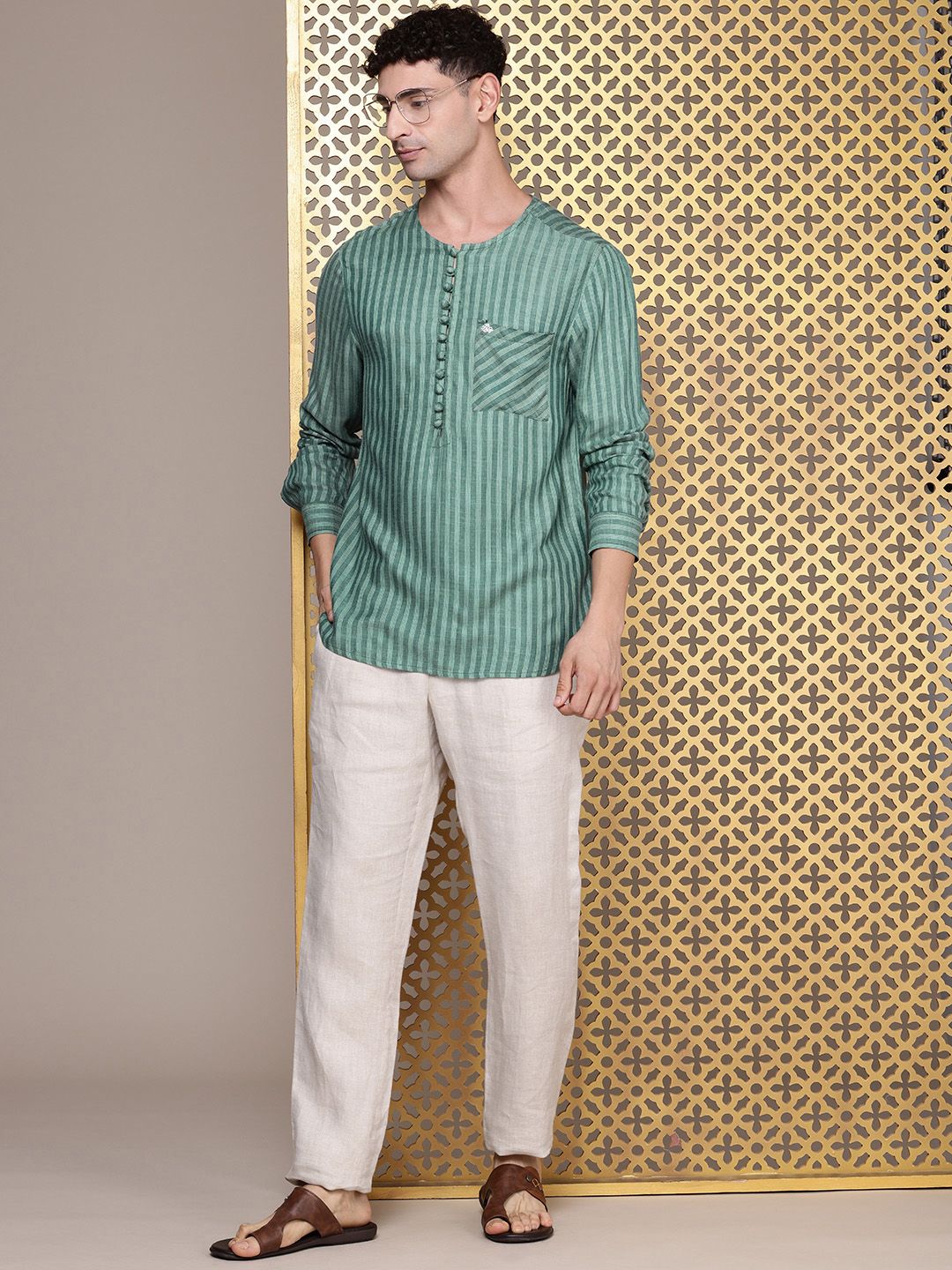 House of Pataudi Round Neck Striped Rozana Kurta