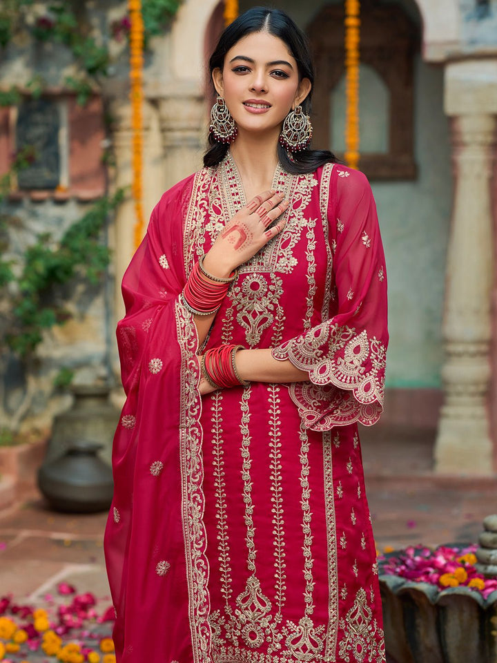 Indo Era Ethnic Motifs  Embroidered V-Neck Zari Organza Kurta With Trousers And Dupatta