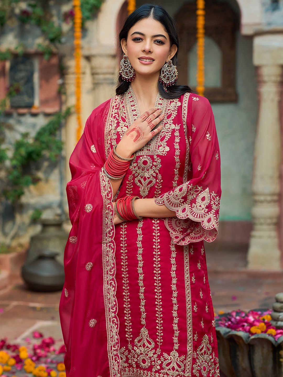Indo Era Ethnic Motifs  Embroidered V-Neck Zari Organza Kurta With Trousers And Dupatta