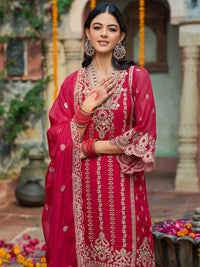 Indo Era Ethnic Motifs  Embroidered V-Neck Zari Organza Kurta With Trousers And Dupatta
