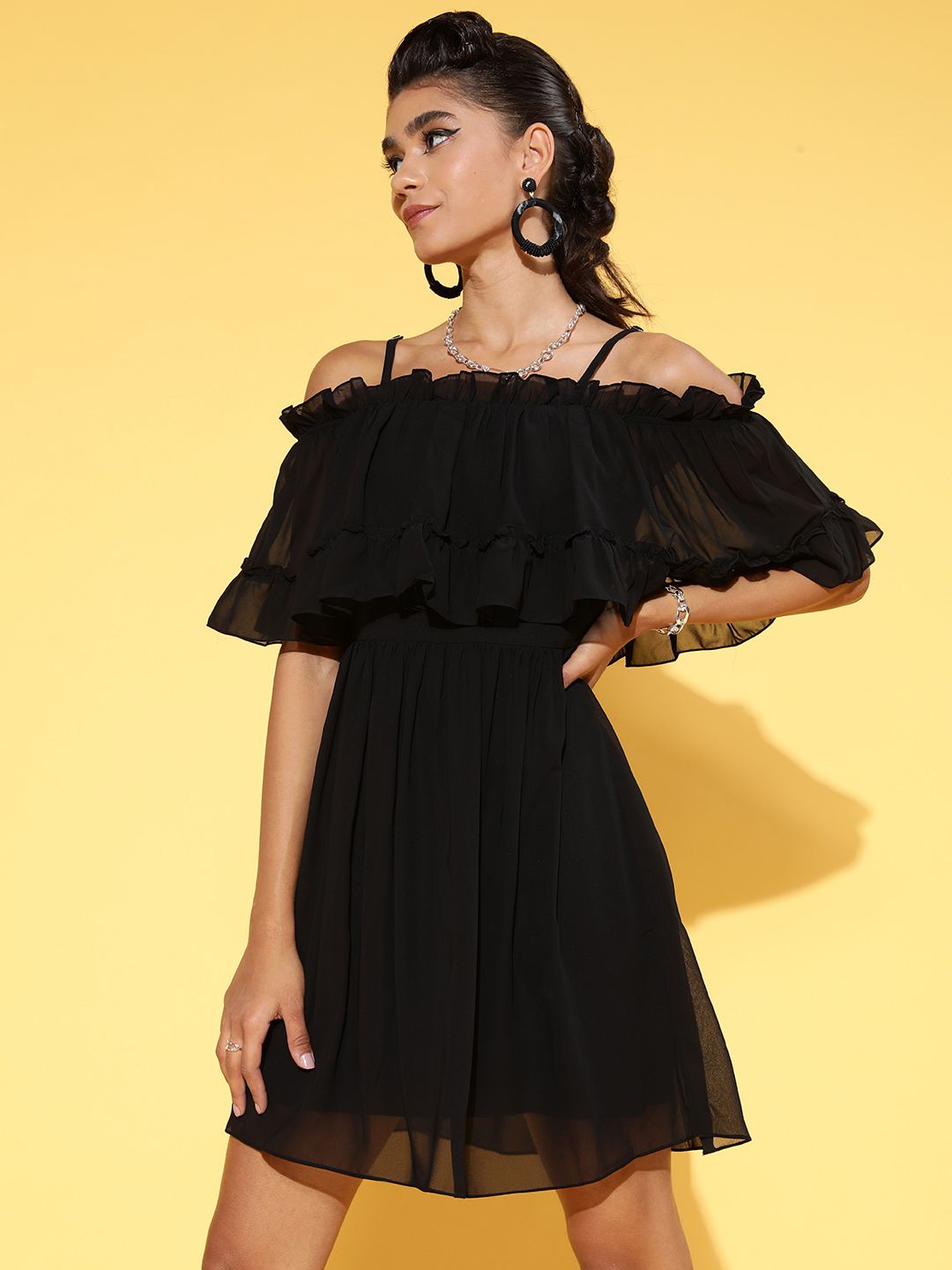 Athena Women Stylish Black Solid Feminine Frills Dress