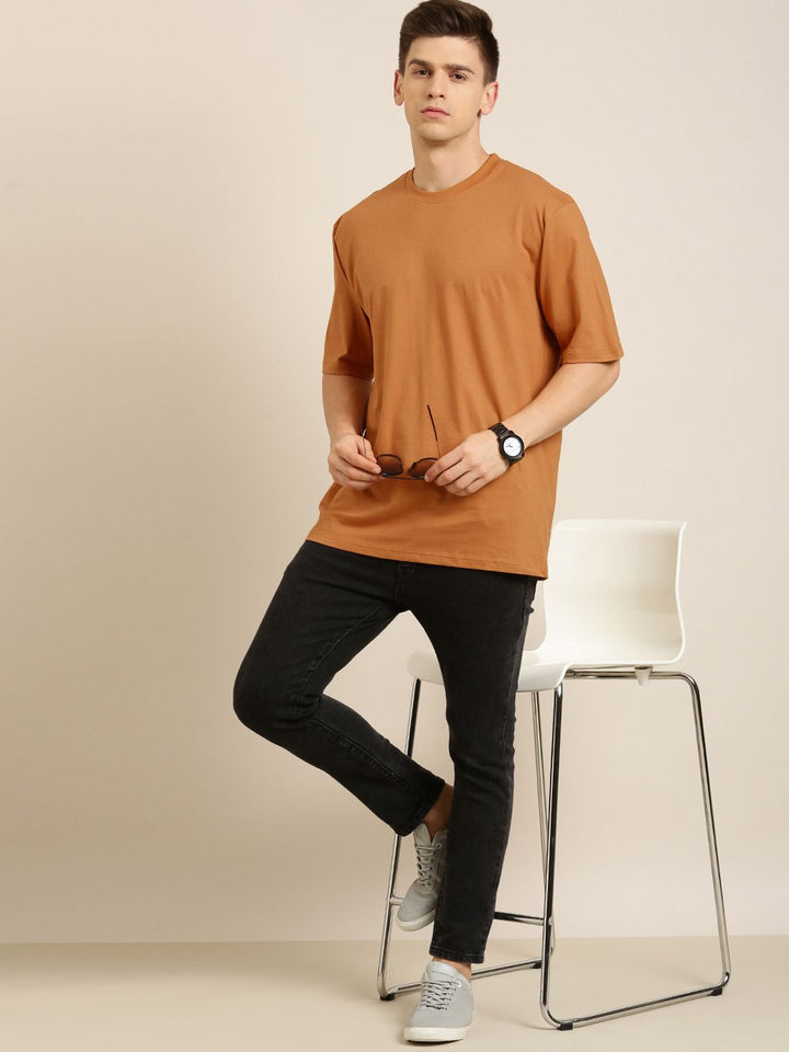 DILLINGER Men Brown Solid Pure Cotton Drop-Shoulder Sleeves Oversized Fit T-shirt