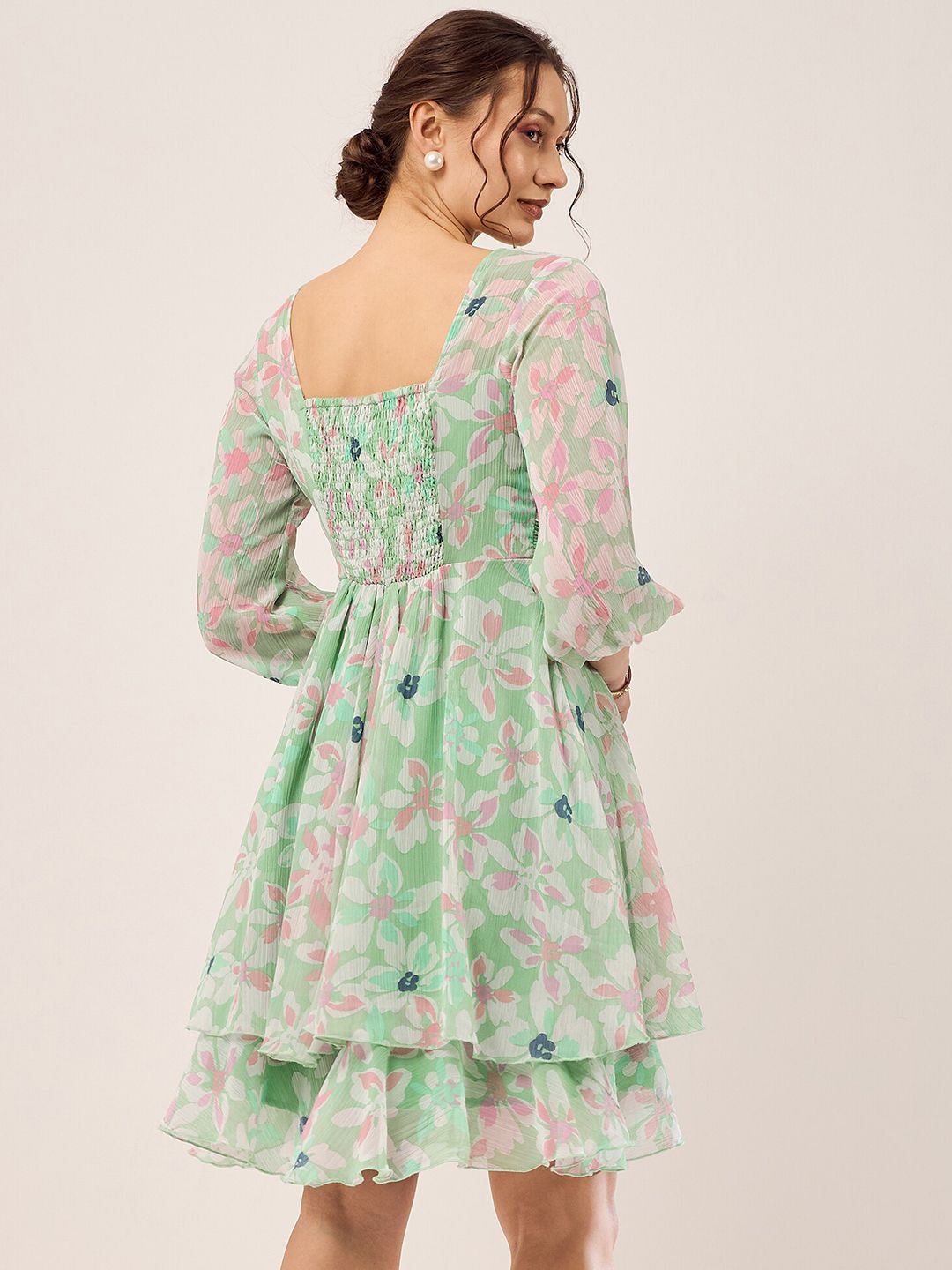 Antheaa Green Floral Printed Puff Sleeves Gathered Smocked Fit & Flare Dress