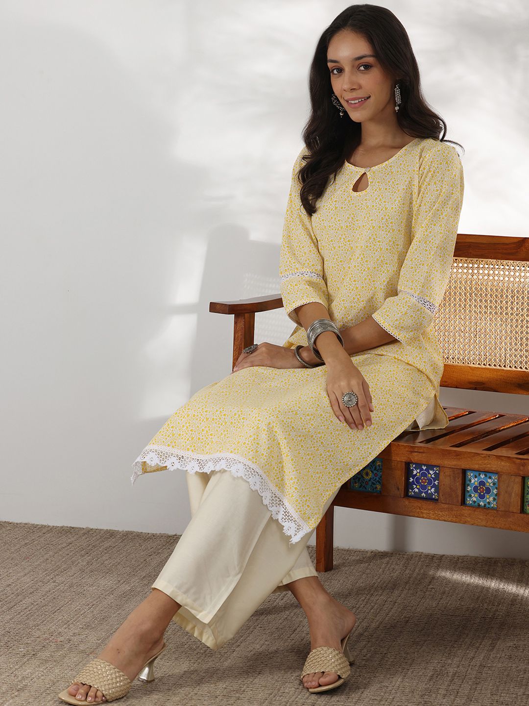 Libas Floral Printed Keyhole Neck Cotton Straight Kurta