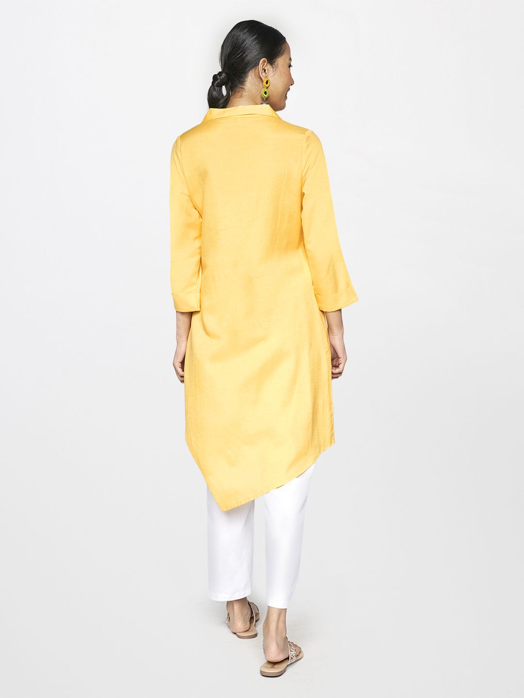 Global Desi Yellow Shirt Collar Asymmetric Tunic