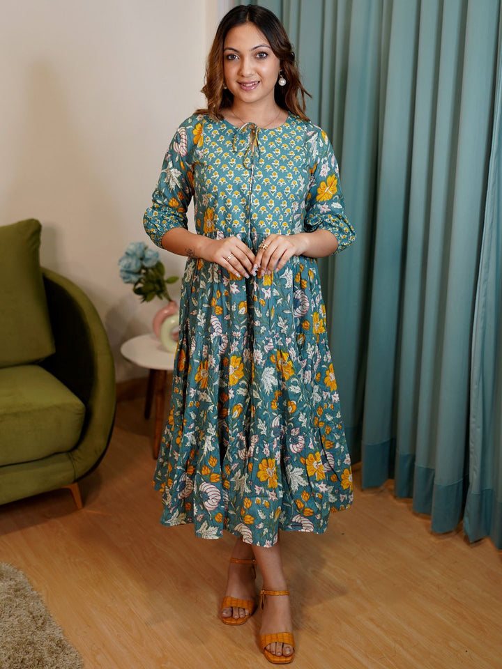 Libas Blue & Yellow Floral Print Tie-Up Neck Puff Sleeve Fit & Flare Midi Dress
