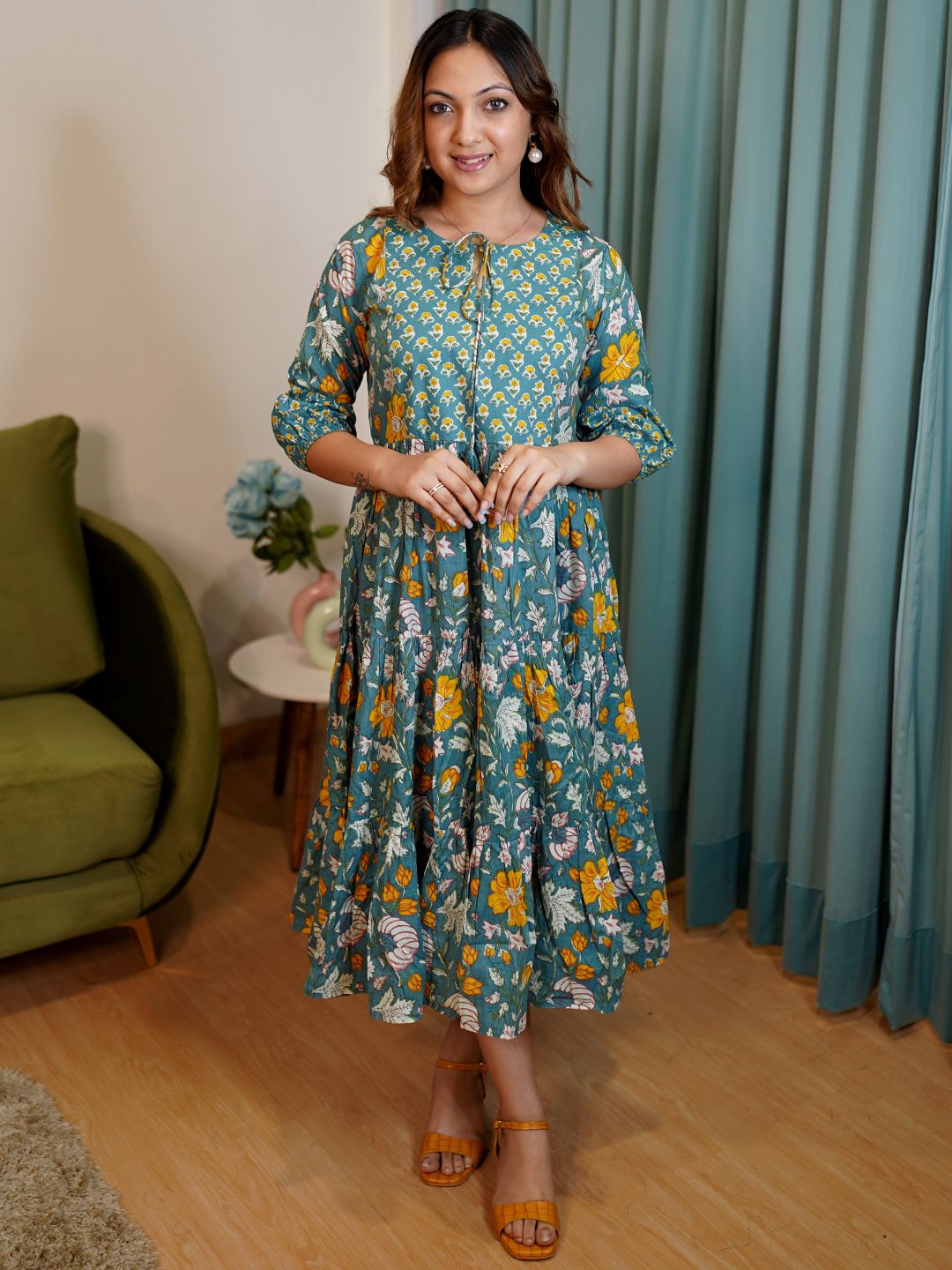 Libas Blue & Yellow Floral Print Tie-Up Neck Puff Sleeve Fit & Flare Midi Dress