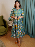 Libas Blue & Yellow Floral Print Tie-Up Neck Puff Sleeve Fit & Flare Midi Dress