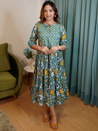 Libas Blue & Yellow Floral Print Tie-Up Neck Puff Sleeve Fit & Flare Midi Dress