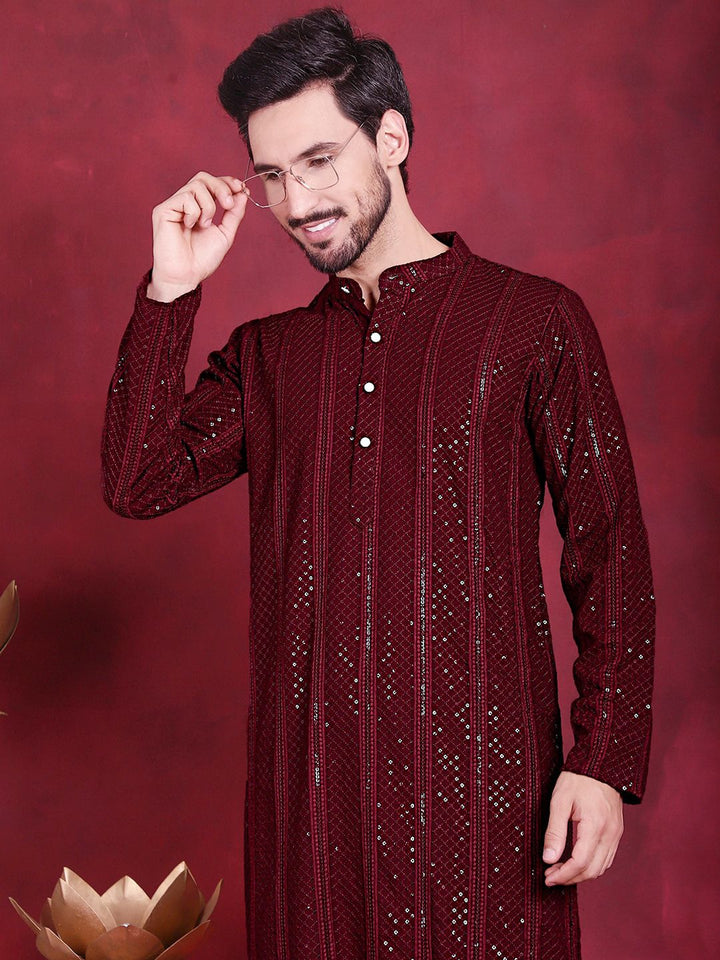 Jompers Geometric Embroidered Band Collar Chikankari Kurta