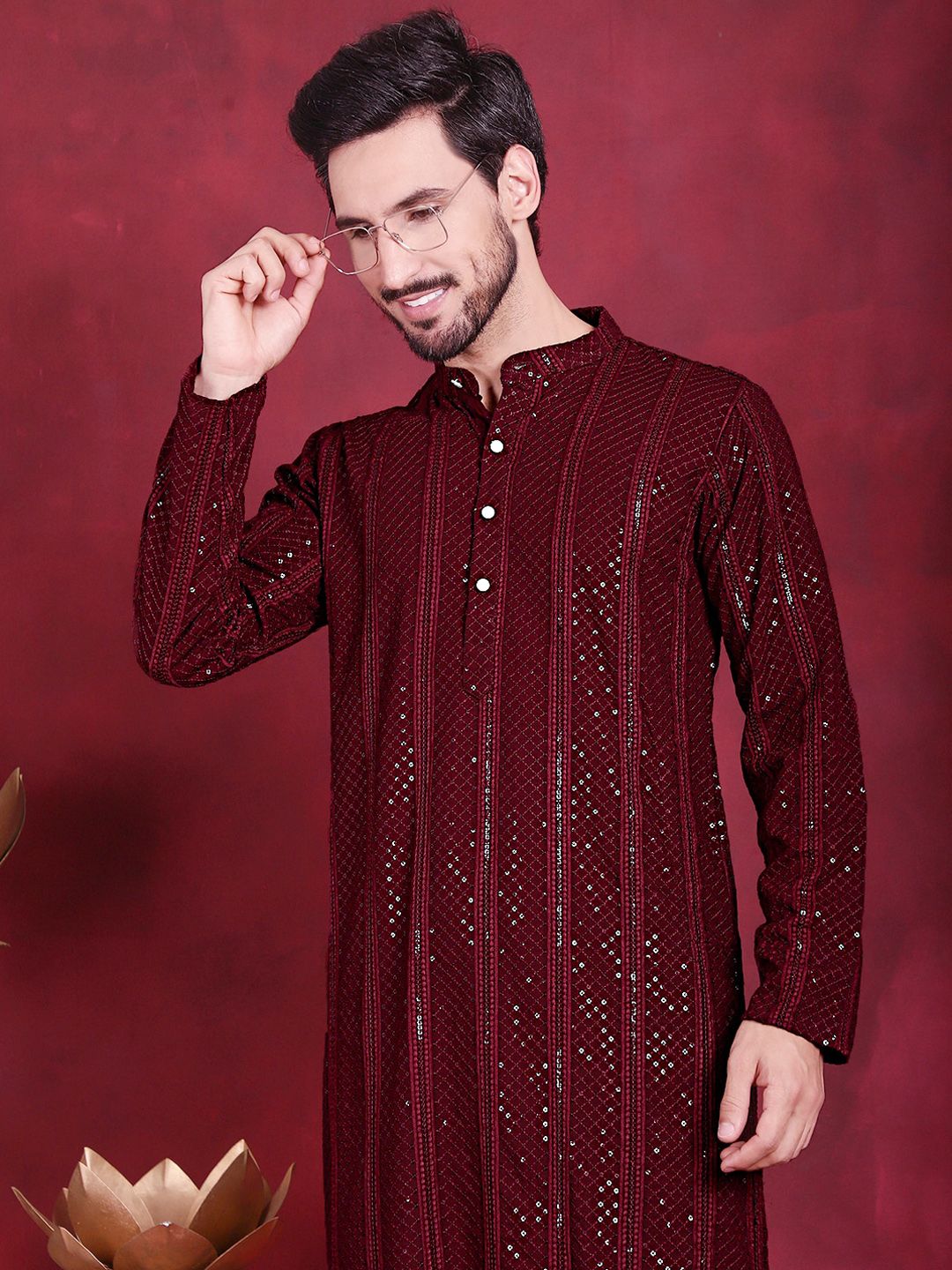 Jompers Geometric Embroidered Band Collar Chikankari Kurta