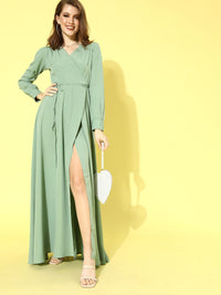 Berrylush Women Pastel Green Solid Bishop Sleeves Dress