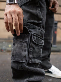 Powerlook Men Loose Fit Cargos Charcoal Black Multi Pockets Baggy Fit Denim Jeans