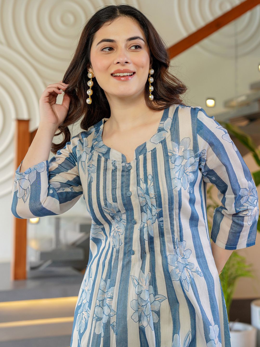 Indo Era Floral Printed Round Neck A-Line Pure Cotton Kurta With Trousers