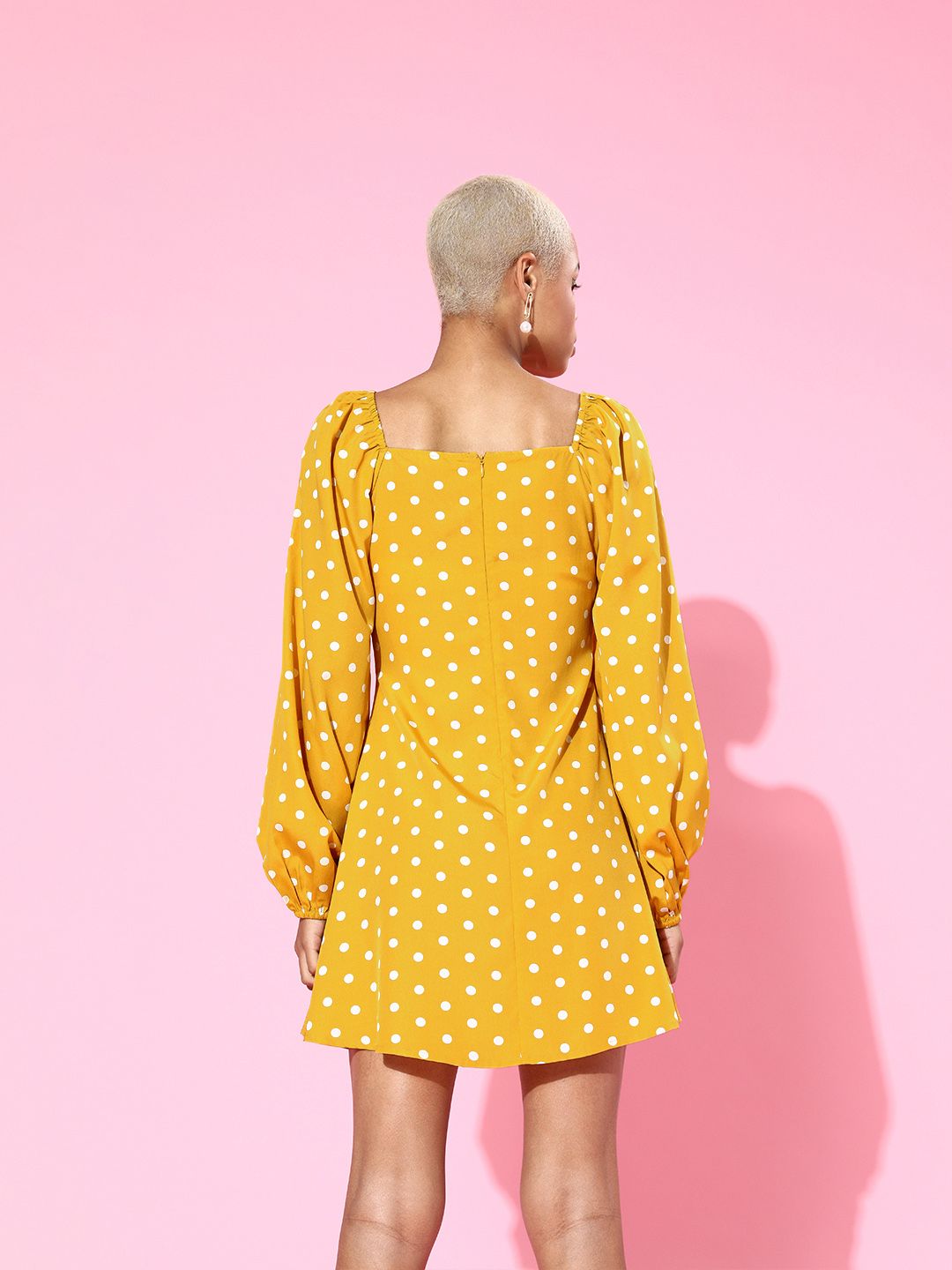 Berrylush Women Bright Yellow Polka Dots Sweetheart Neck Dress